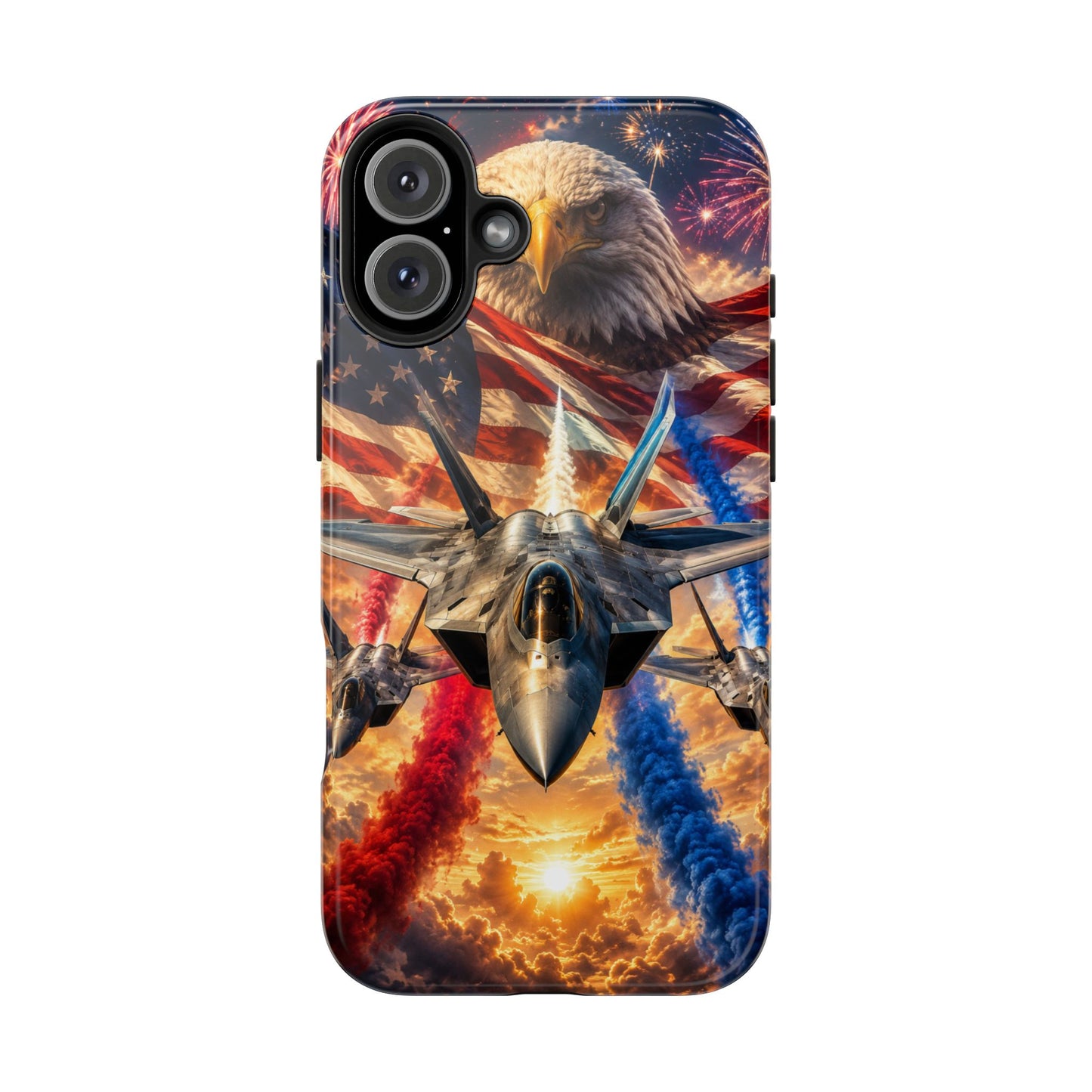 Patriotic Fighter Jet Phone Case with Eagle, American Flag & Fireworks Design