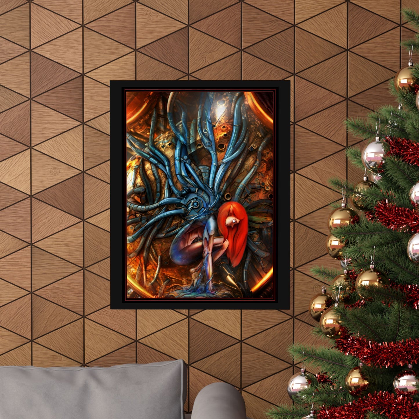 Sci‑Fi Surreal Poster — Red‑Haired Cyborg & Mechanical Kraken Matte Vertical Art