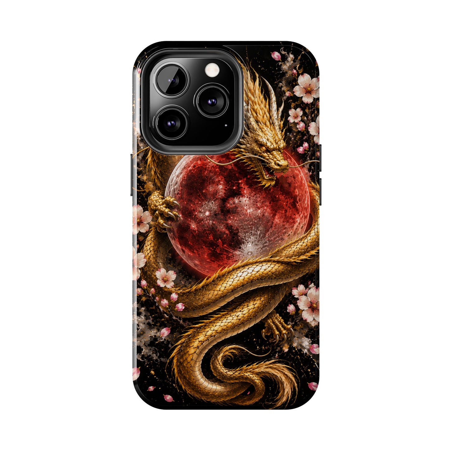 Golden Dragon Moon Tough Phone Case — Cherry Blossoms & Red Moon Protective Cover