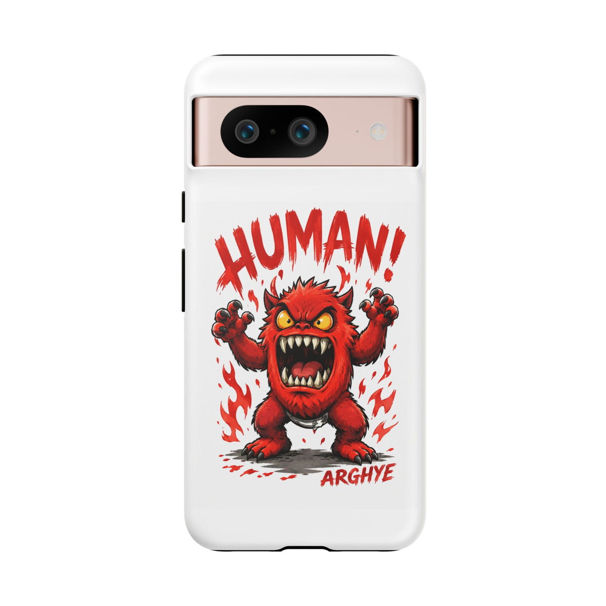 Angry Monster "HUMAN!" Phone Case — Cute Fiery Creature iPhone Cover
