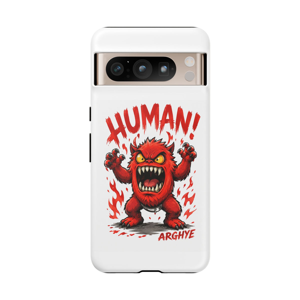 Angry Monster "HUMAN!" Phone Case — Cute Fiery Creature iPhone Cover