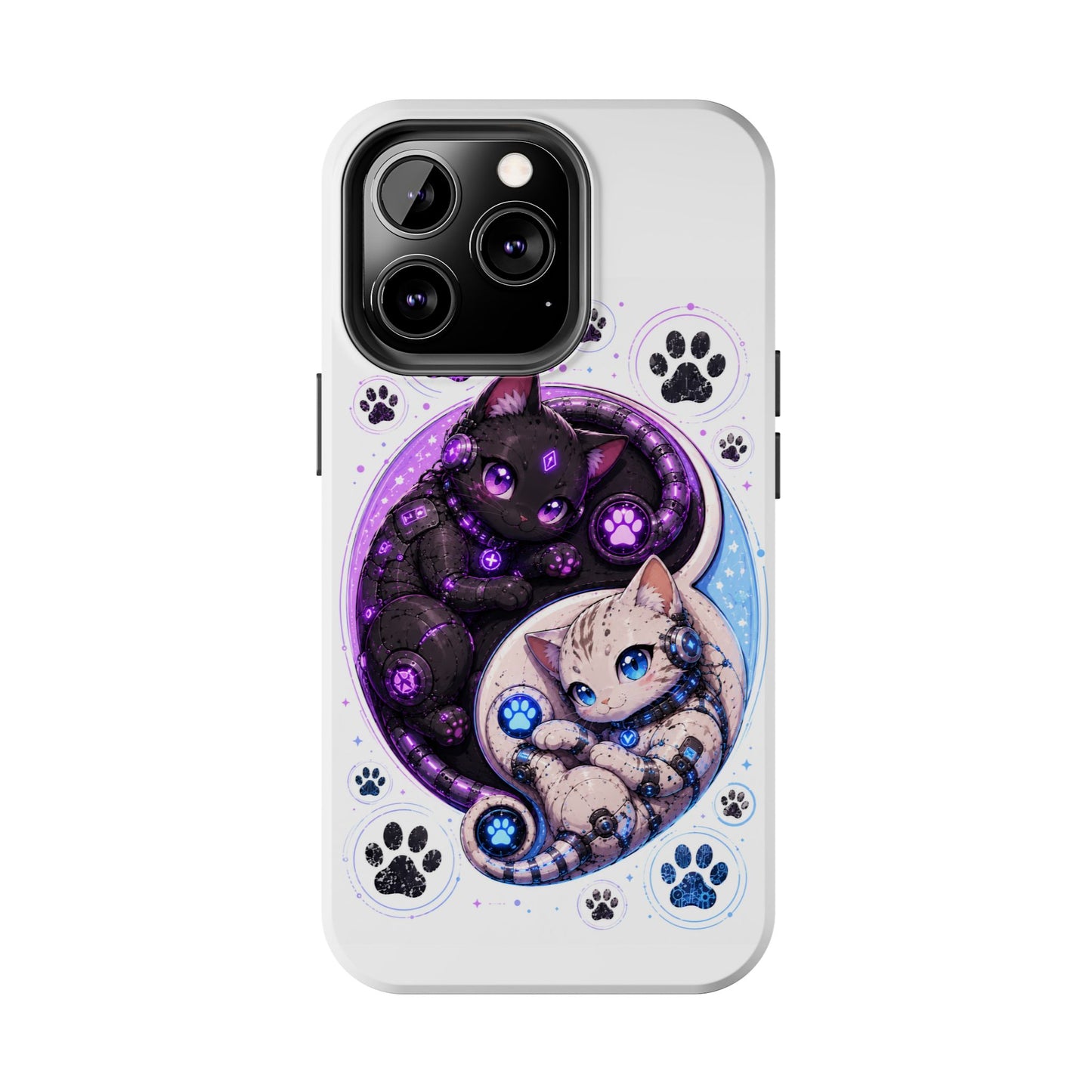 Cat Yin Yang Tough Phone Case — Black & White Kittens, Paw Print Protective Cover
