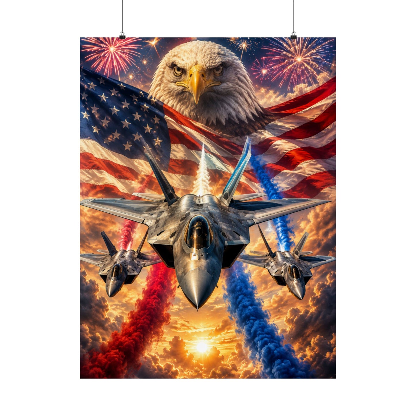 Patriotic Eagle & Fighter Jets Matte Vertical Poster — American Flag, Fireworks & 4th of July Wall Art