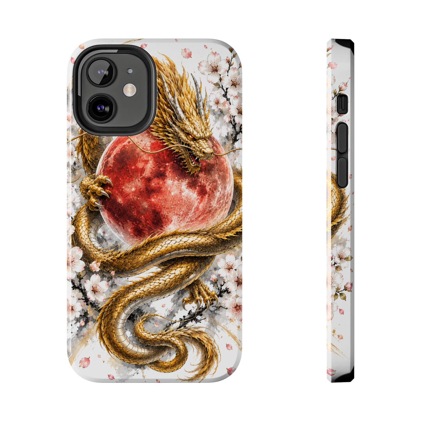 Golden Dragon Phone Case — Red Moon & Cherry Blossom Tough Phone Case