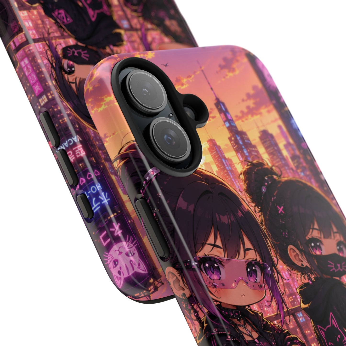 Anime City Night Tough Phone Case — Kawaii Cyberpunk Characters & Cat