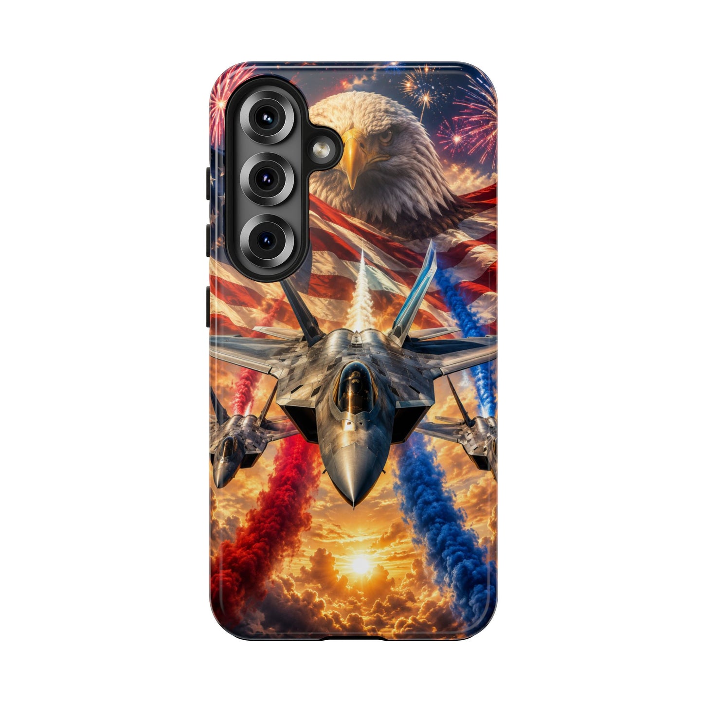 Patriotic Fighter Jet Phone Case with Eagle, American Flag & Fireworks Design