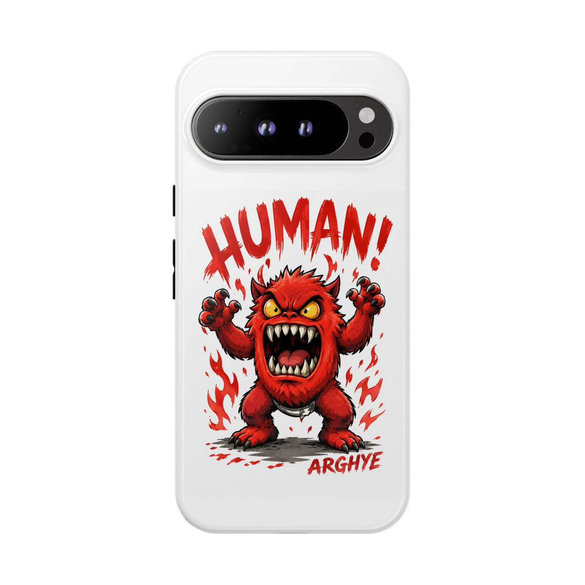 Angry Monster "HUMAN!" Phone Case — Cute Fiery Creature iPhone Cover