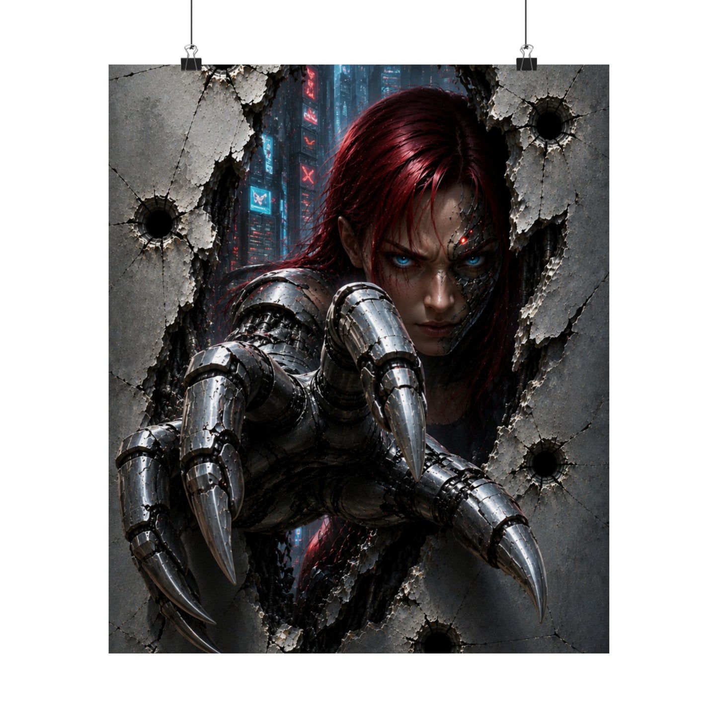 Cyberpunk Assassin Matte Poster — Red-Haired Cyborg Claw Wall Art