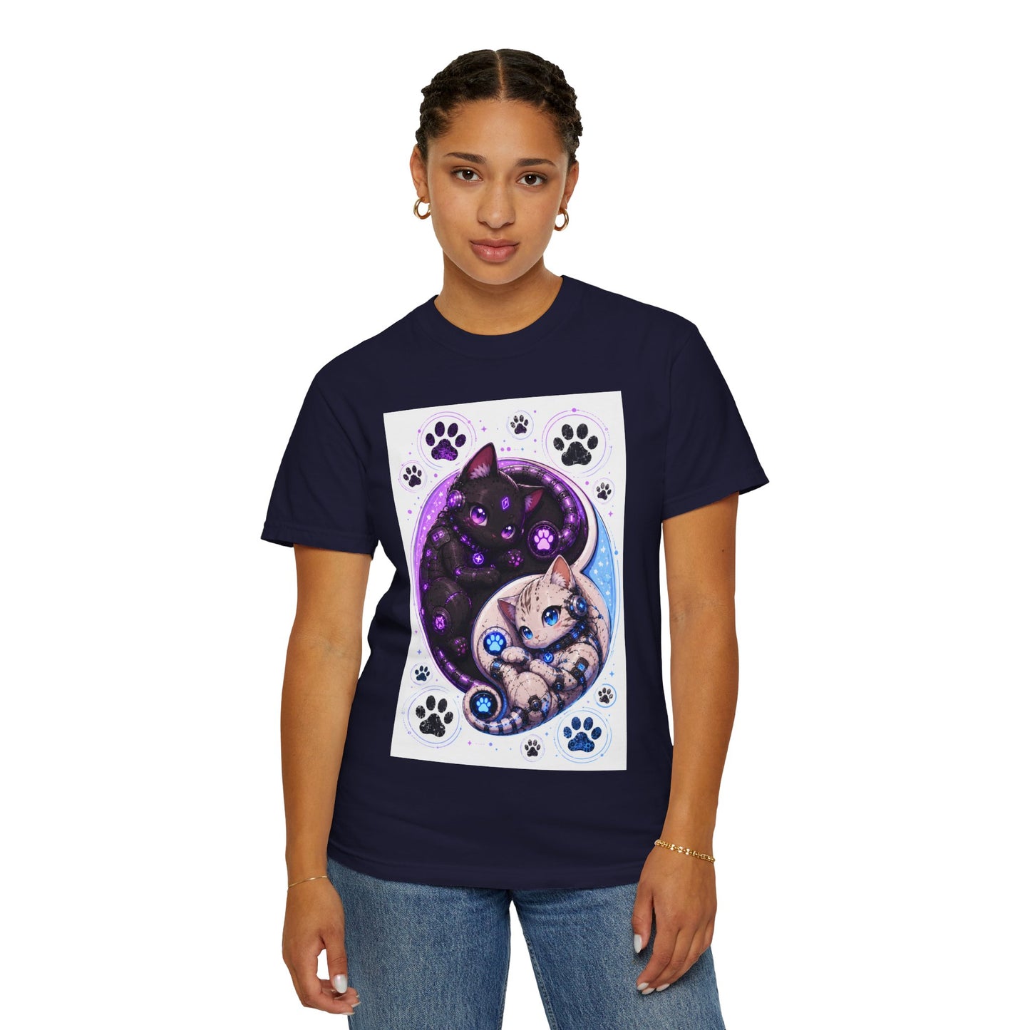 Yin Yang Cat T-Shirt — Cosmic Black & White Kittens Paw Print Tee