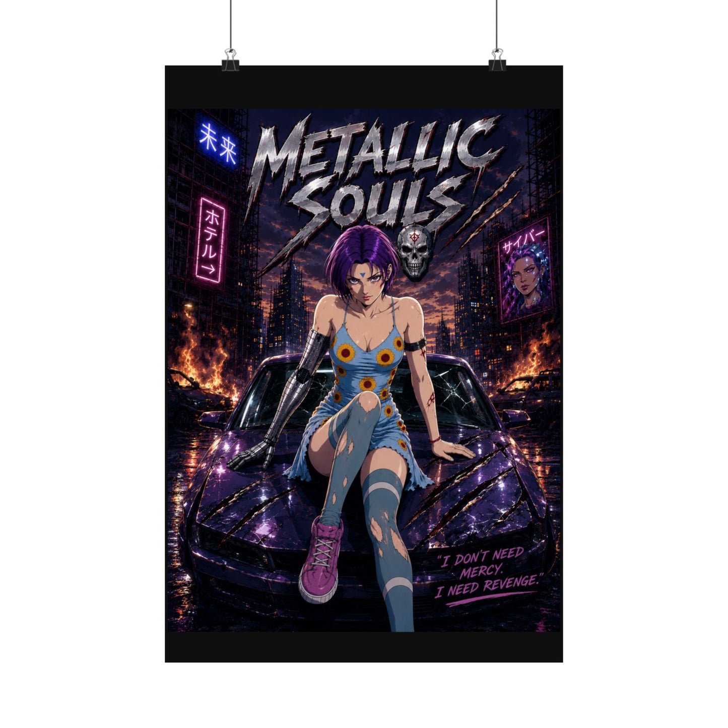 Metallic Souls Anime Poster — Cyberpunk Car Girl Matte Vertical Print