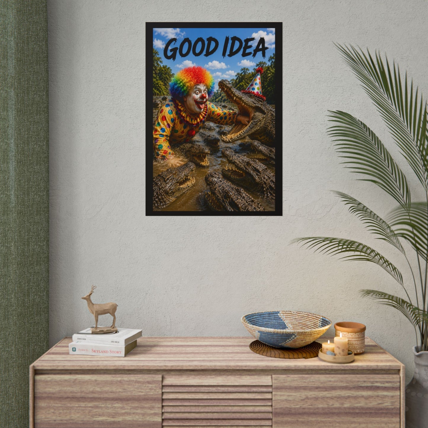 Clown & Crocodile 'Good Idea' Poster - Funny Surreal Wall Art