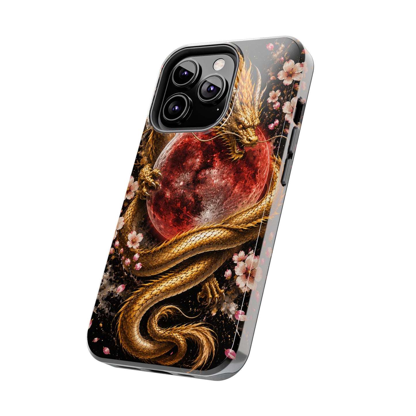 Golden Dragon Moon Tough Phone Case — Cherry Blossoms & Red Moon Protective Cover