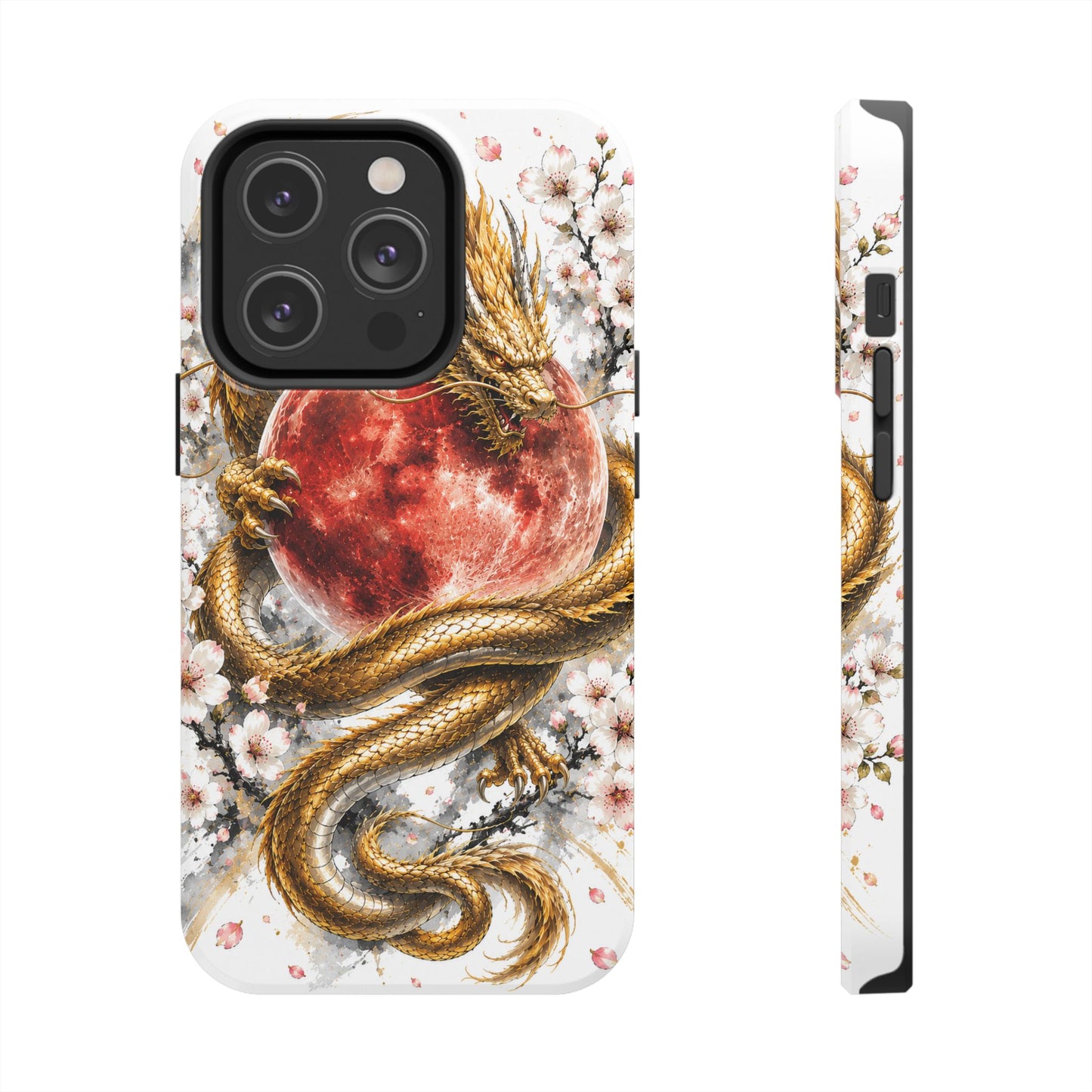 Golden Dragon Phone Case — Red Moon & Cherry Blossom Tough Phone Case