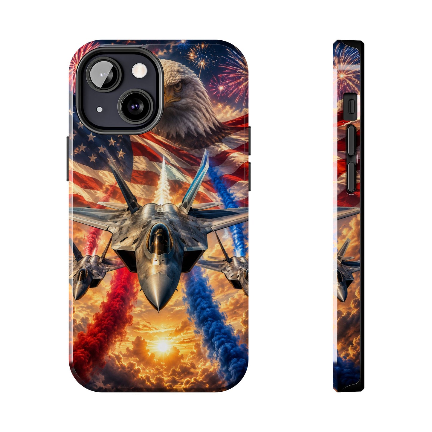 Patriotic Fighter Jet Phone Case with Eagle, American Flag & Fireworks Design