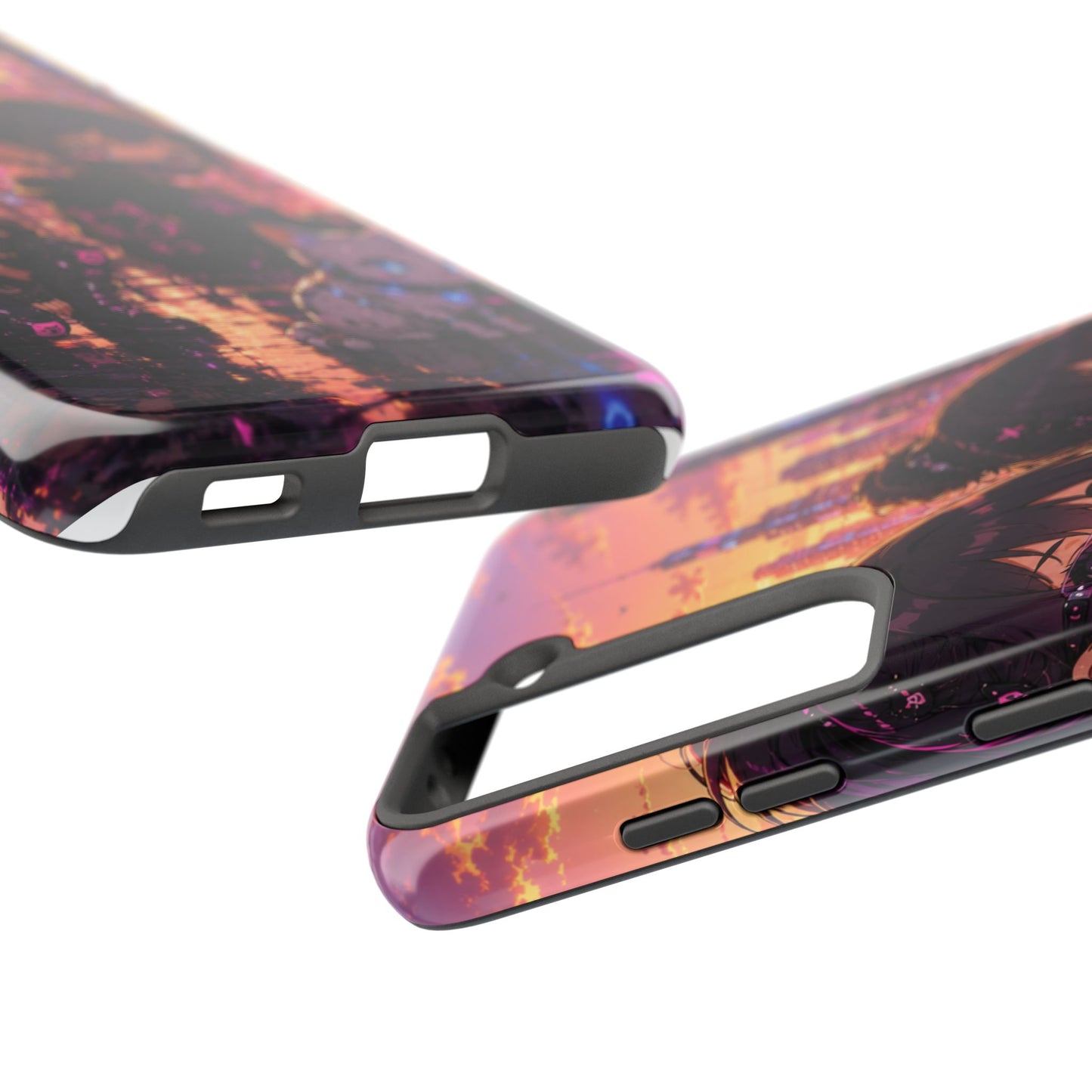 Anime City Night Tough Phone Case — Kawaii Cyberpunk Characters & Cat