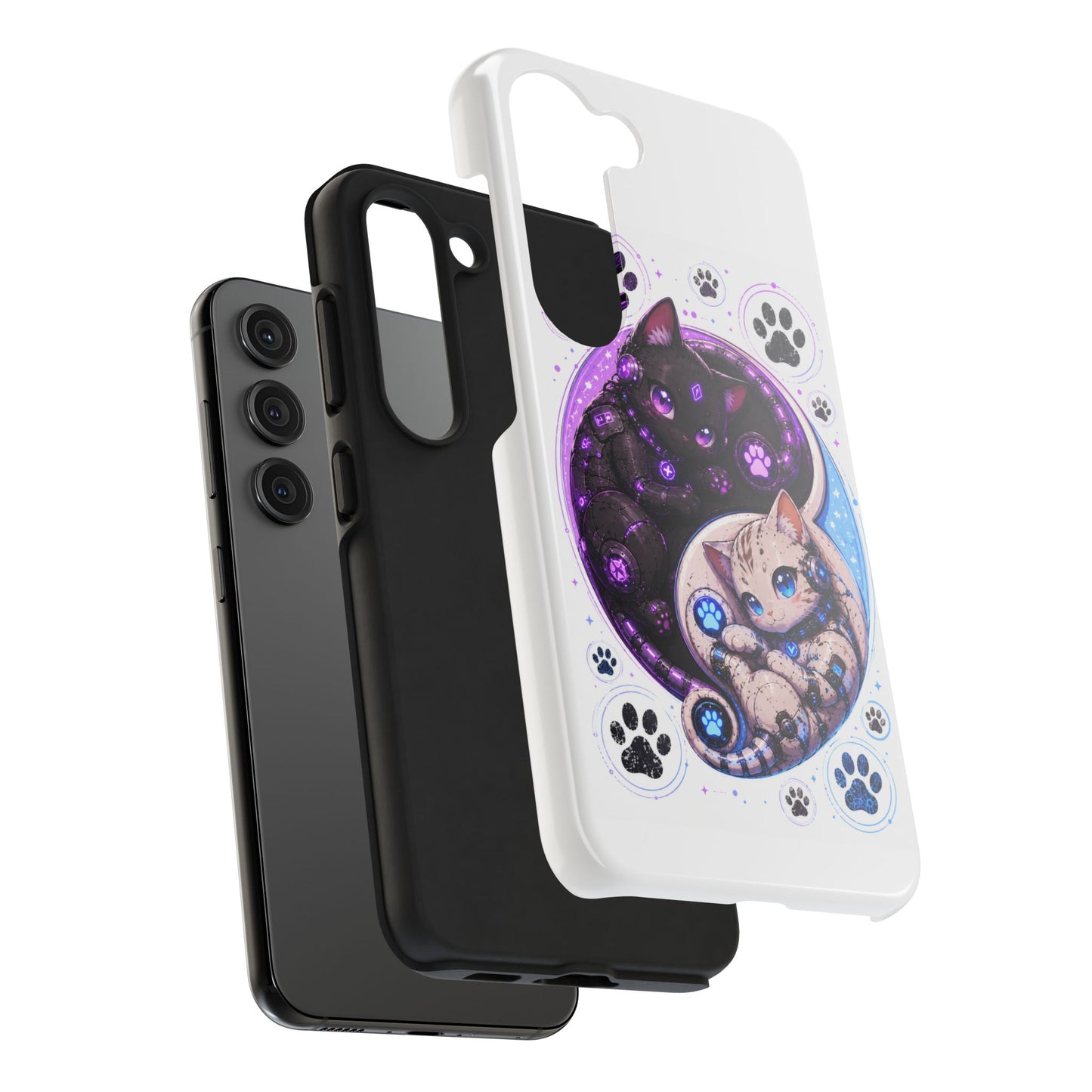 Cat Yin Yang Tough Phone Case — Black & White Kittens, Paw Print Protective Cover