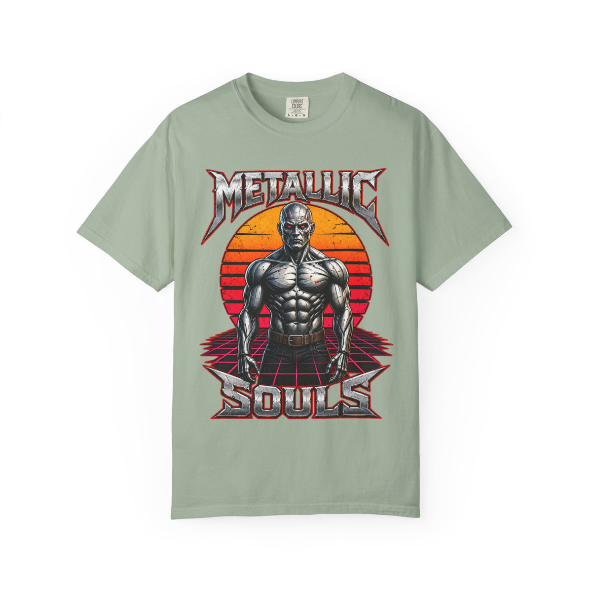 Metallic Souls T-Shirt — Retro Sunset Muscular Warrior Graphic Tee