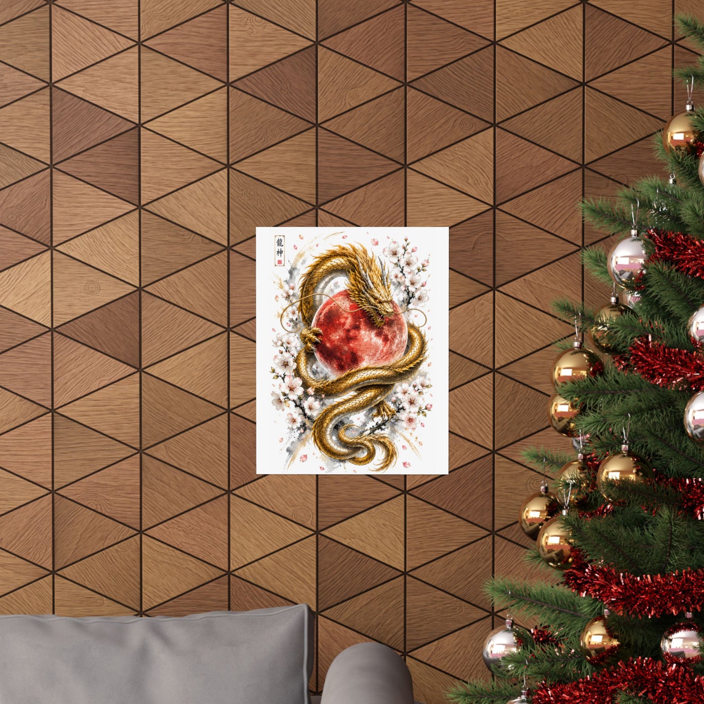 Golden Dragon & Red Moon Matte Poster — Japanese Cherry Blossom Wall Art
