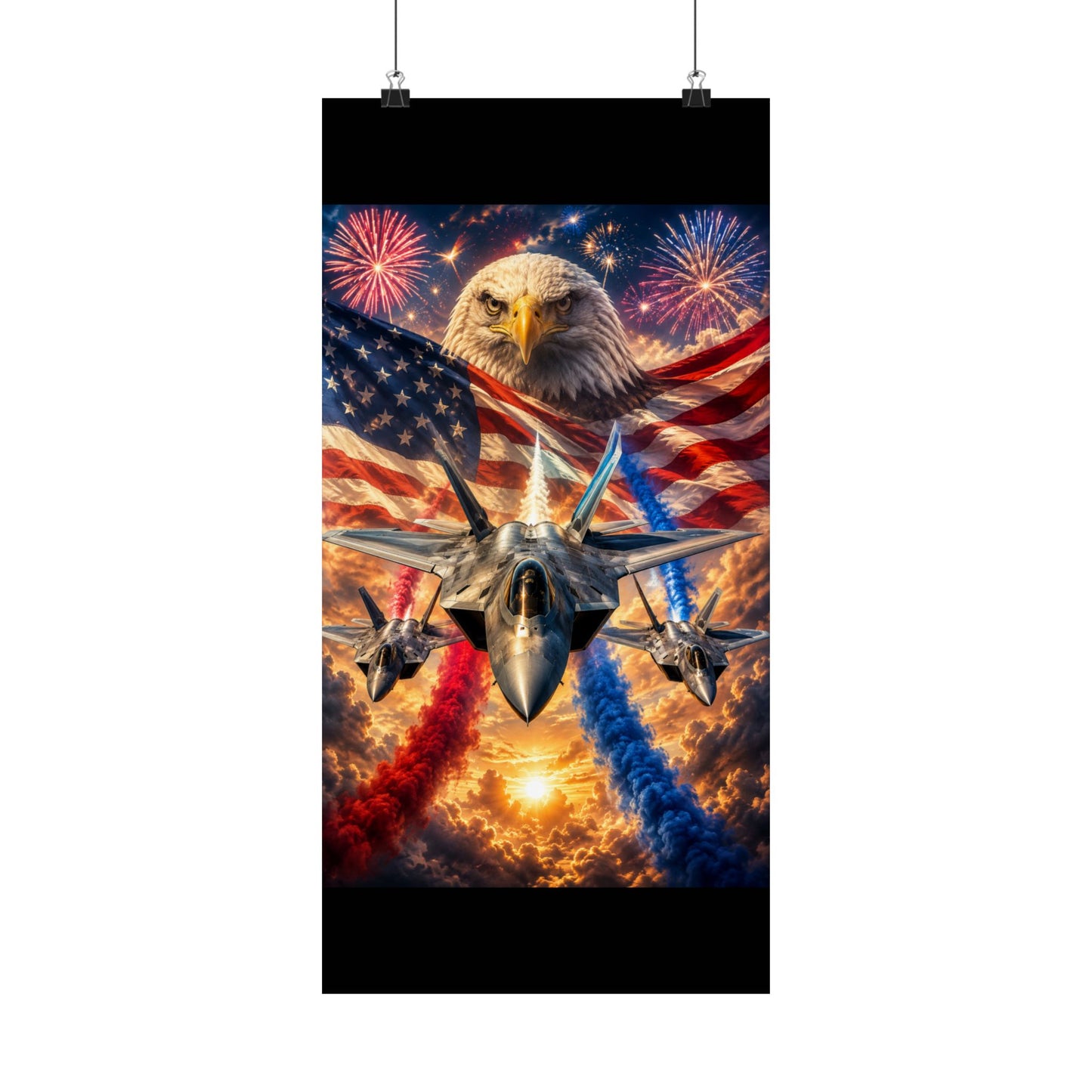 Patriotic Eagle & Fighter Jets Matte Vertical Poster — American Flag, Fireworks & 4th of July Wall Art