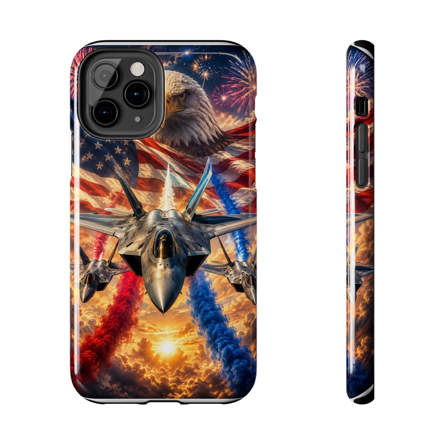 Patriotic Fighter Jet Phone Case with Eagle, American Flag & Fireworks Design