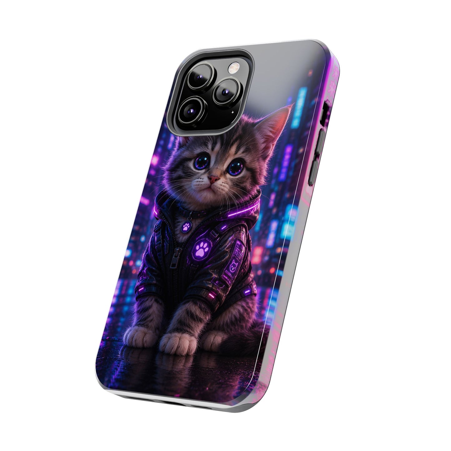 Cyberpunk Kitten Tough Phone Case — Neon Cat Protective Phone Cover
