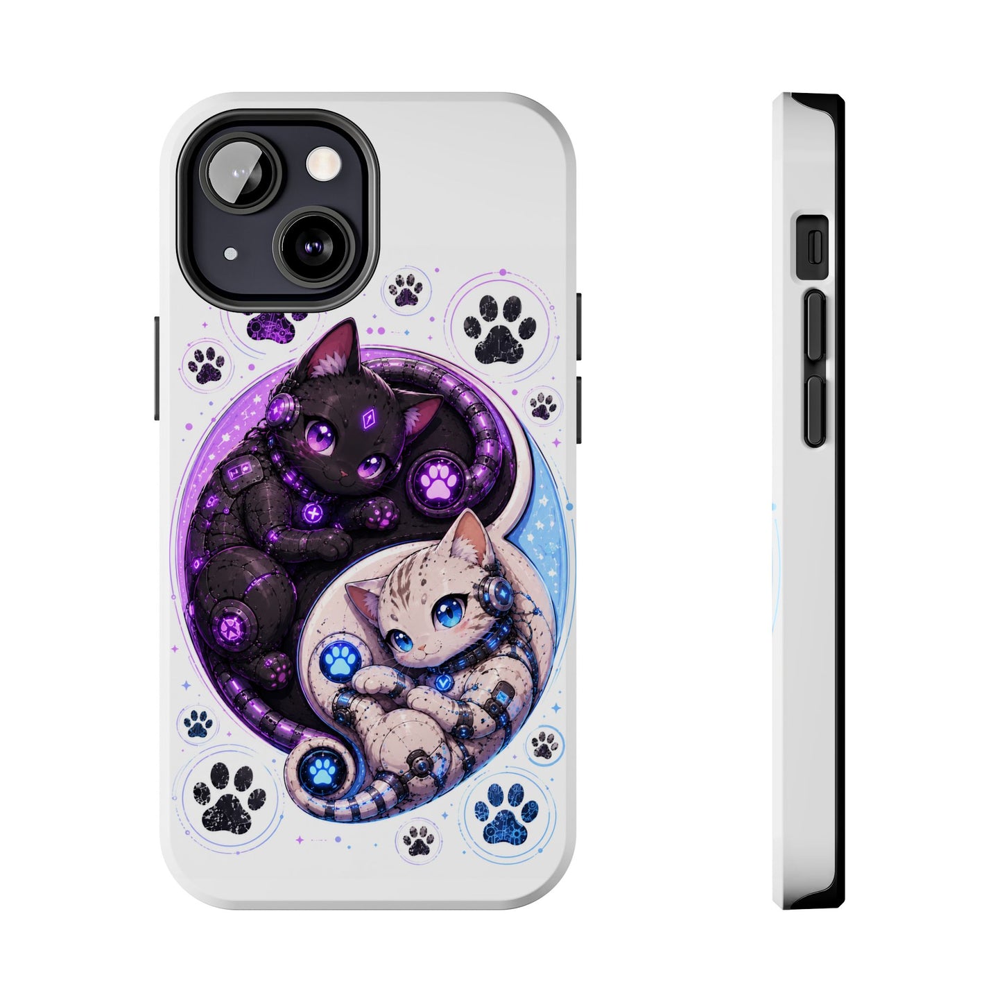 Cat Yin Yang Tough Phone Case — Black & White Kittens, Paw Print Protective Cover