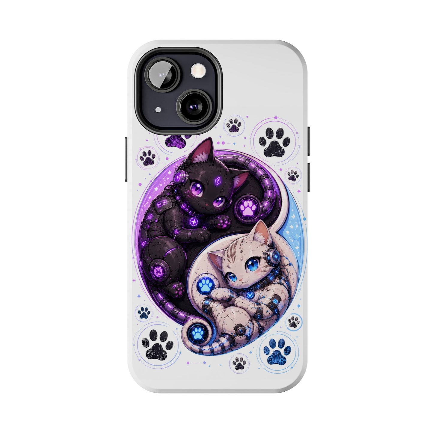 Cat Yin Yang Tough Phone Case — Black & White Kittens, Paw Print Protective Cover