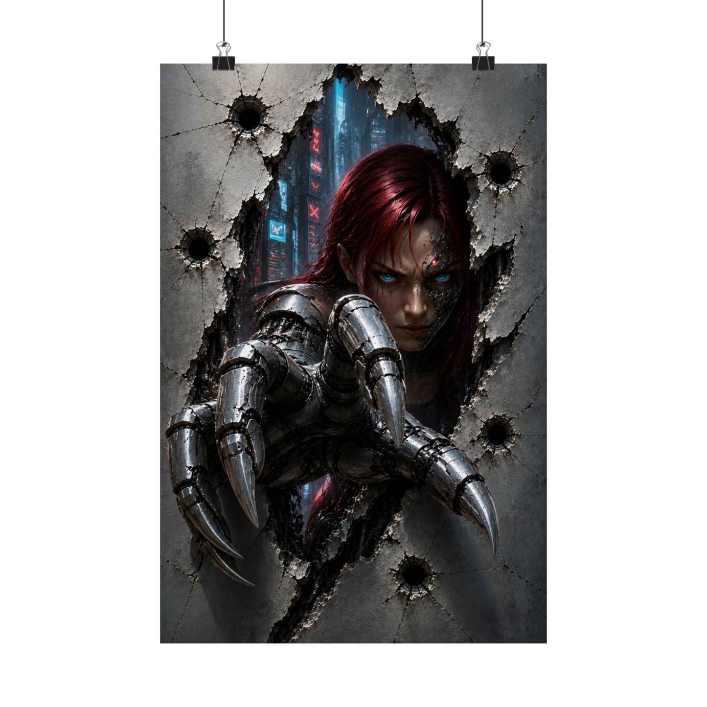 Cyberpunk Assassin Matte Poster — Red-Haired Cyborg Claw Wall Art