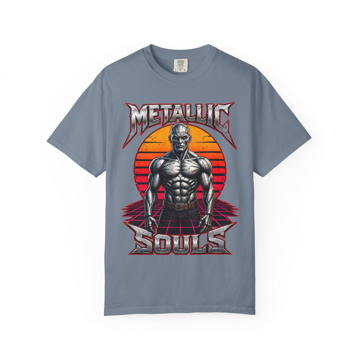 Metallic Souls T-Shirt — Retro Sunset Muscular Warrior Graphic Tee