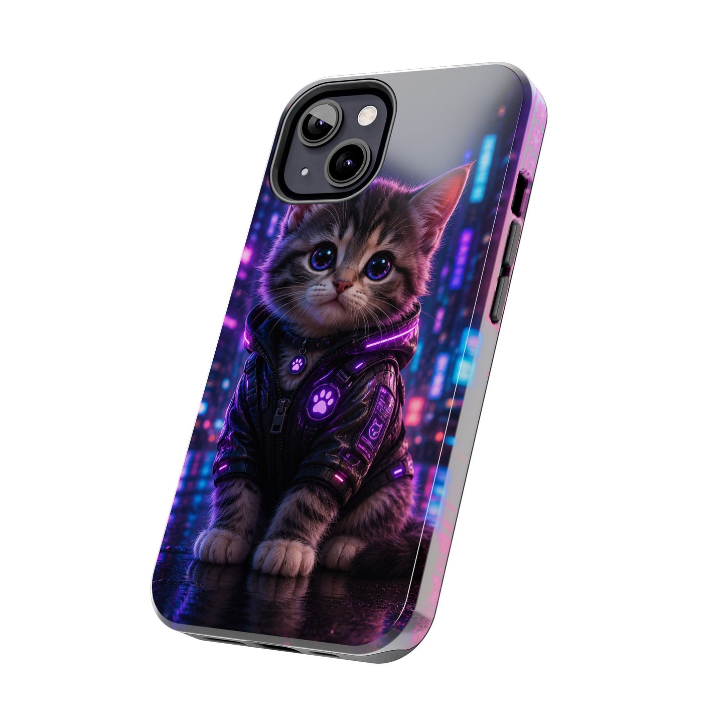 Cyberpunk Kitten Tough Phone Case — Neon Cat Protective Phone Cover