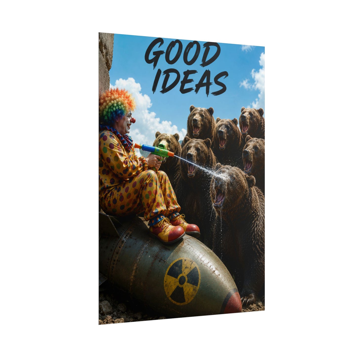 Rolled Poster - 'Good Ideas' Clown on Bomb with Bears Surreal Art Print