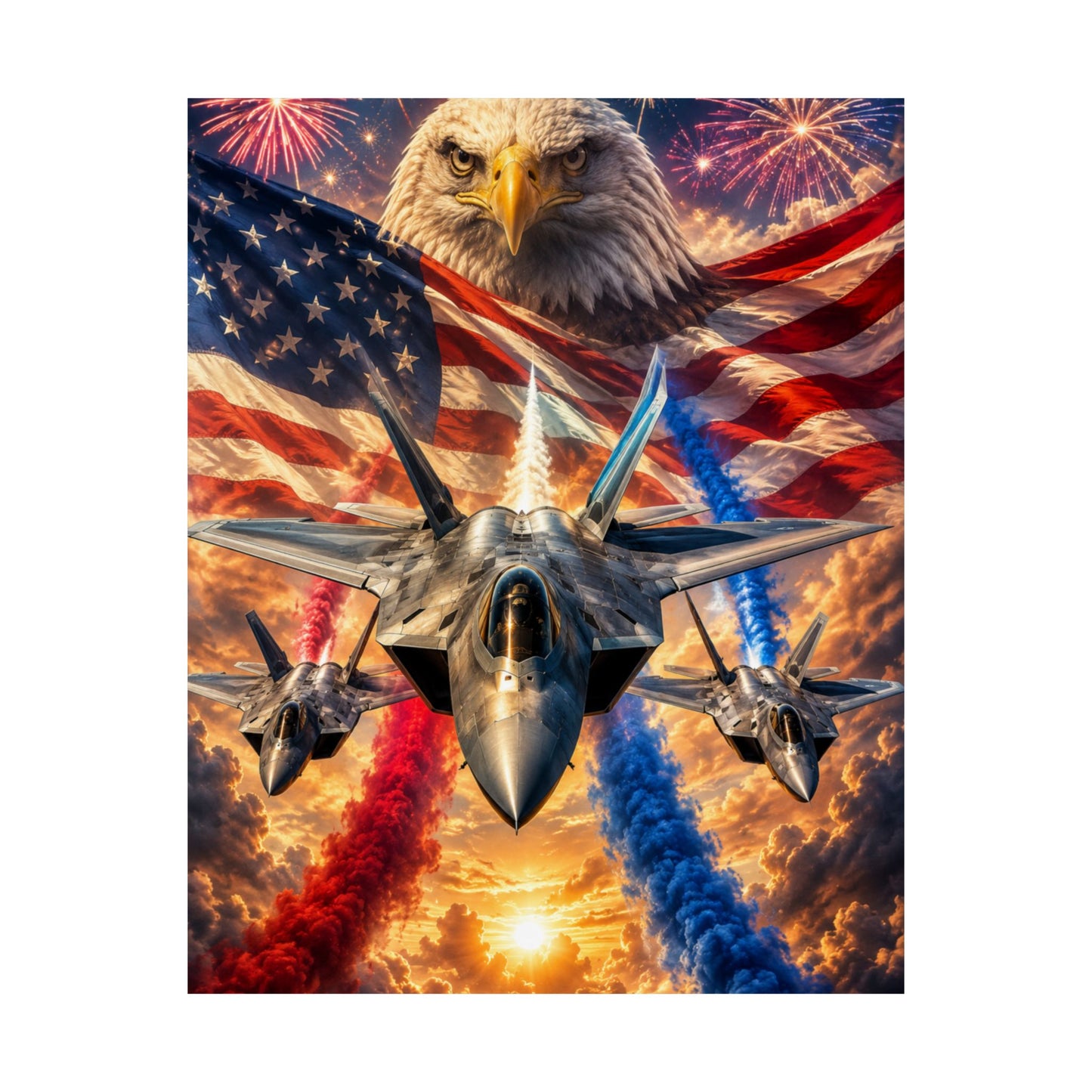 Patriotic Eagle & Fighter Jets Matte Vertical Poster — American Flag, Fireworks & 4th of July Wall Art