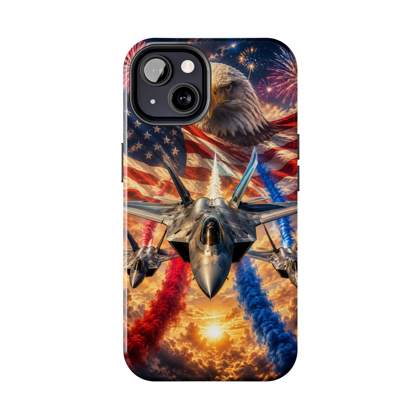 Patriotic Fighter Jet Phone Case with Eagle, American Flag & Fireworks Design