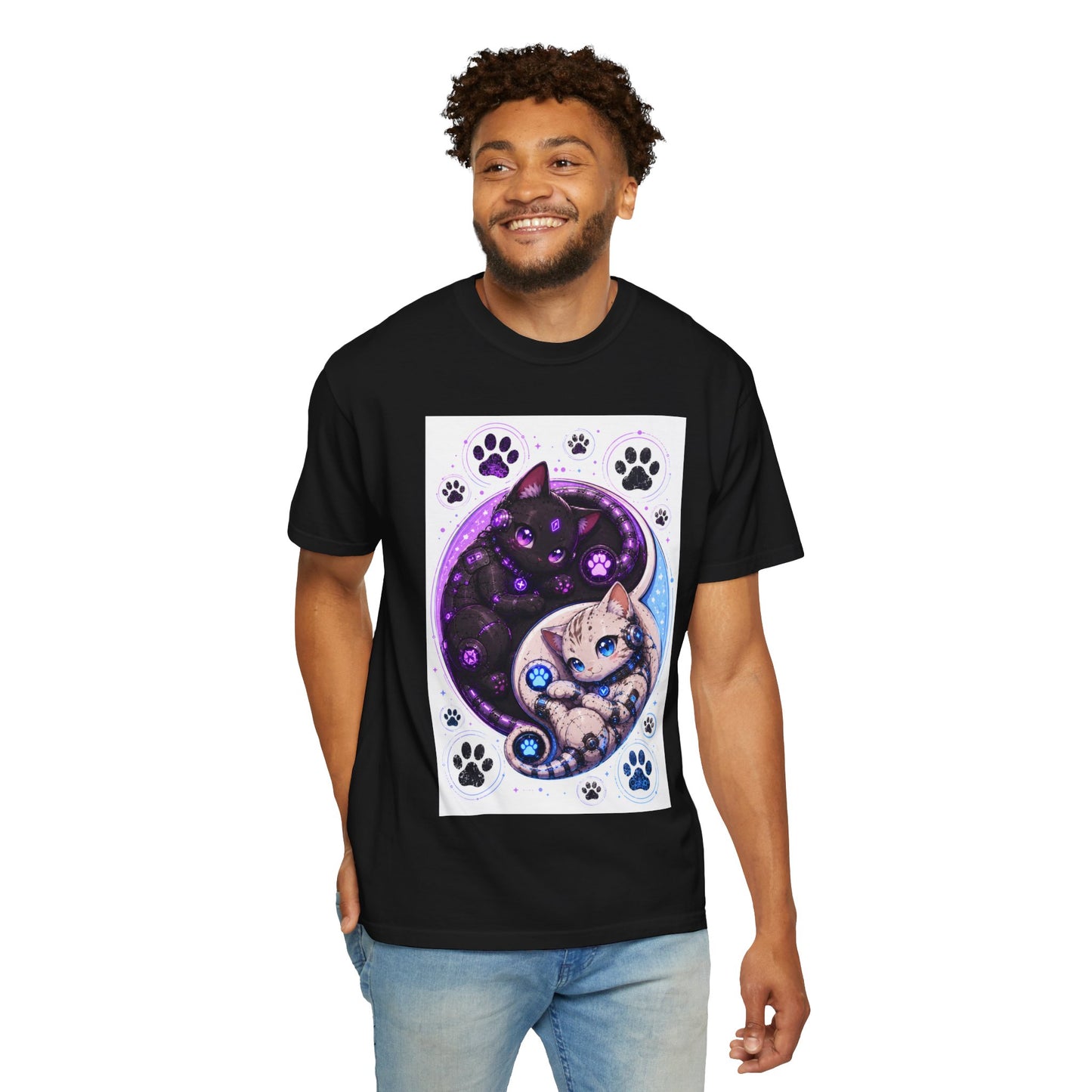 Yin Yang Cat T-Shirt — Cosmic Black & White Kittens Paw Print Tee