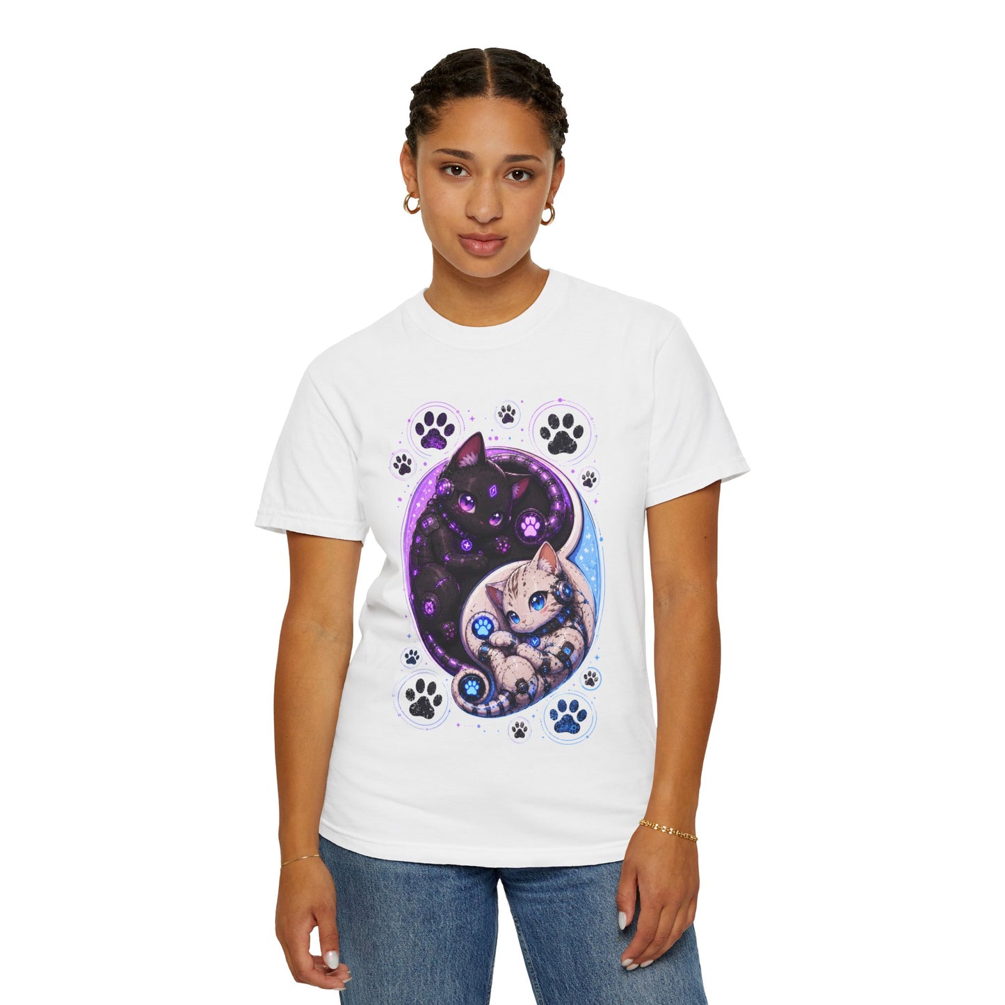 Yin Yang Cat T-Shirt — Cosmic Black & White Kittens Paw Print Tee