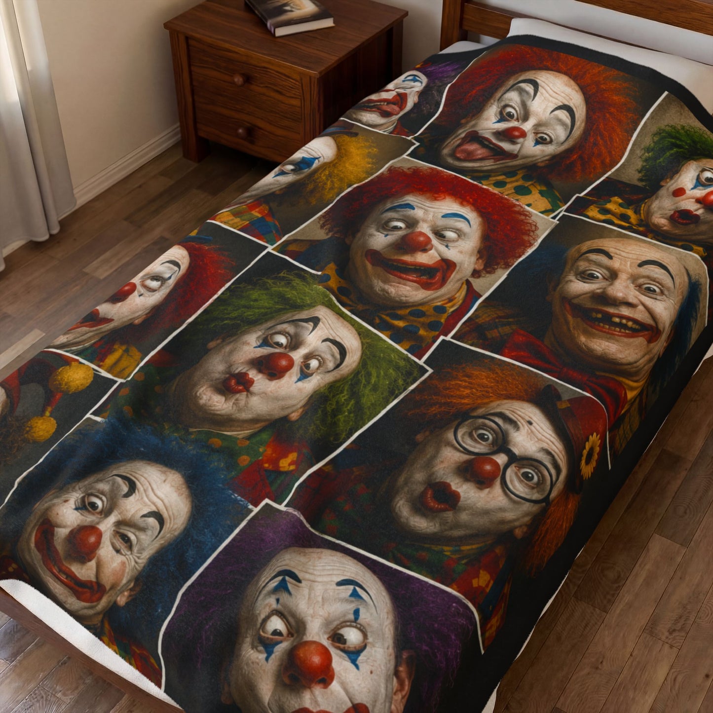 Clown Collage Velveteen Plush Blanket — Vintage Circus Faces Throw
