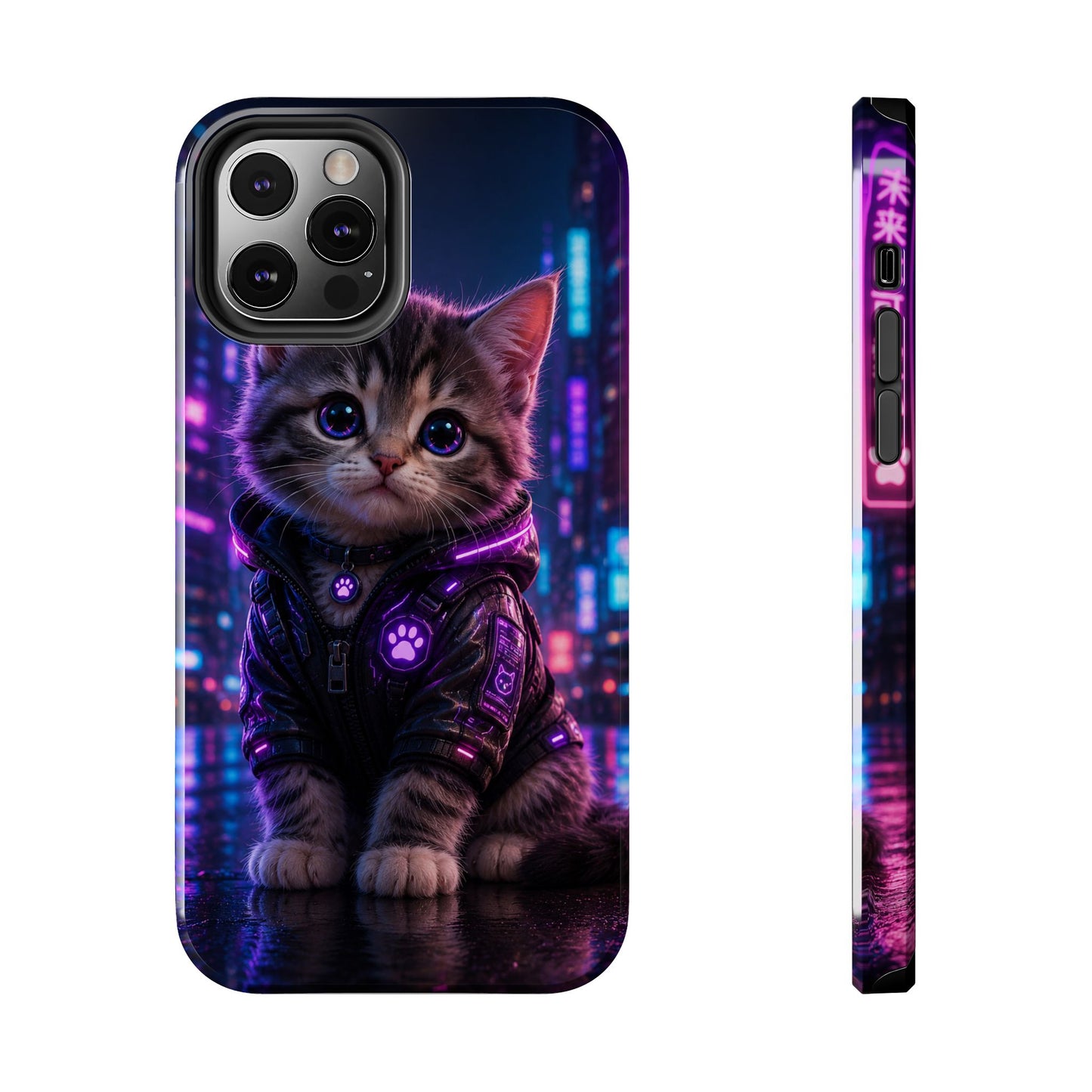 Cyberpunk Kitten Tough Phone Case — Neon Cat Protective Phone Cover