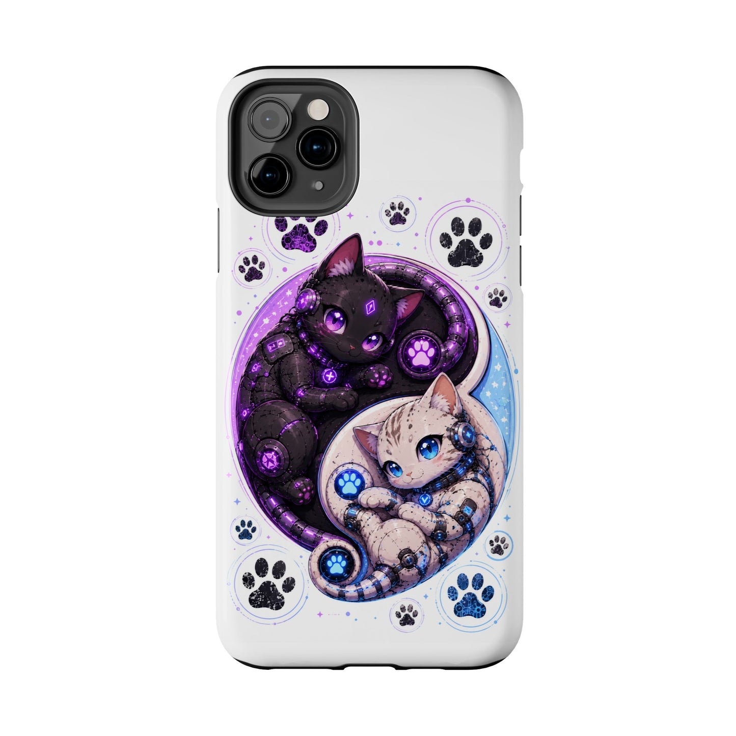 Cat Yin Yang Tough Phone Case — Black & White Kittens, Paw Print Protective Cover
