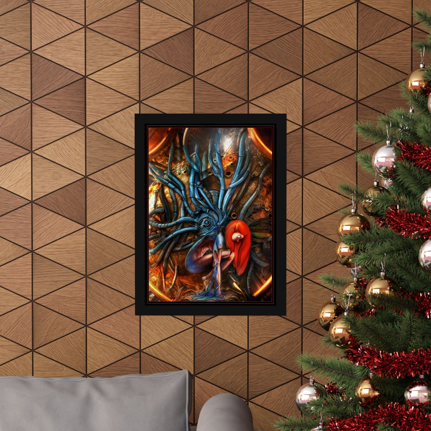Sci‑Fi Surreal Poster — Red‑Haired Cyborg & Mechanical Kraken Matte Vertical Art