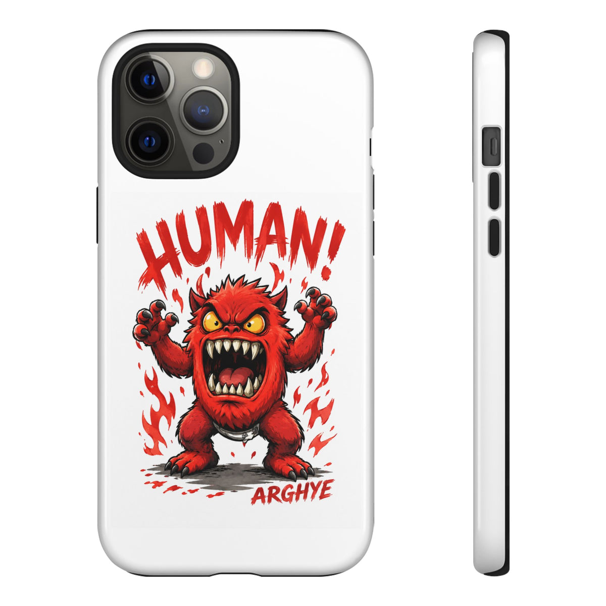 Angry Monster "HUMAN!" Phone Case — Cute Fiery Creature iPhone Cover