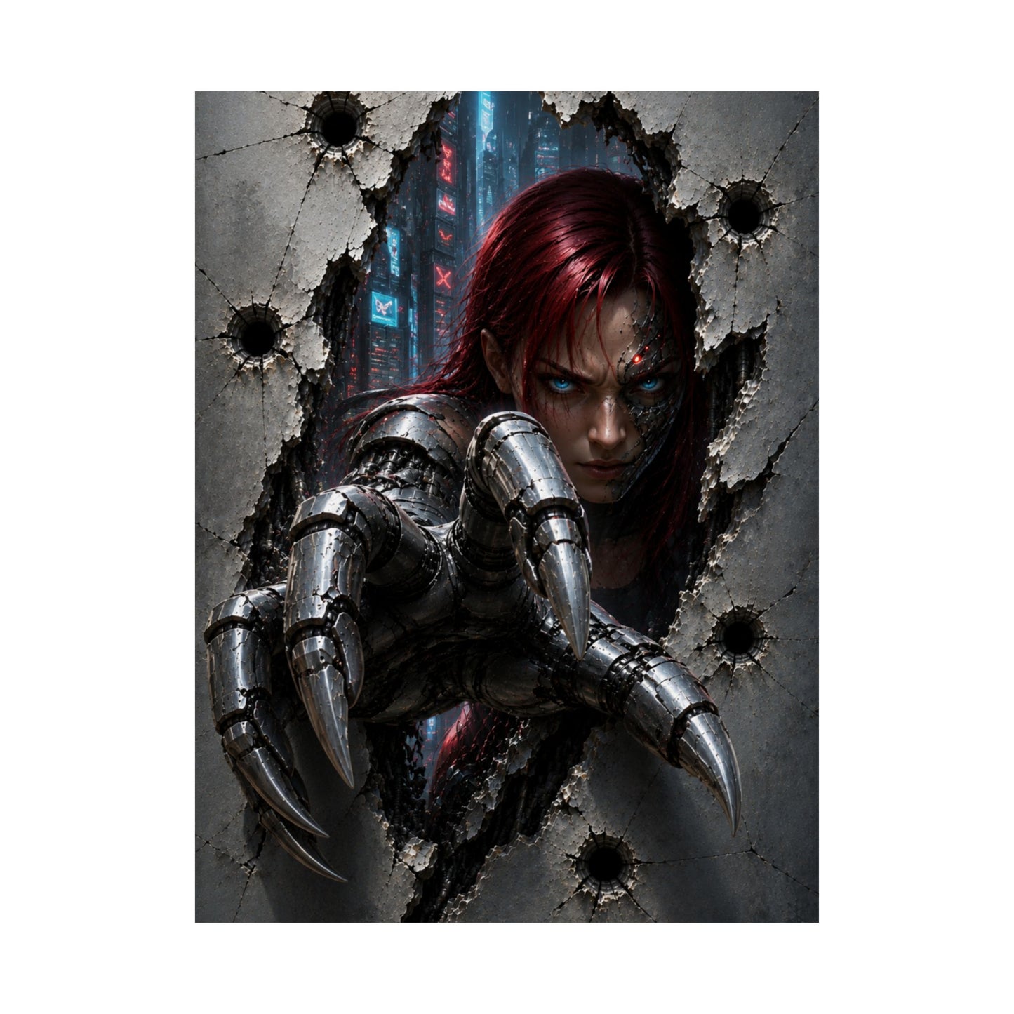 Cyberpunk Assassin Matte Poster — Red-Haired Cyborg Claw Wall Art