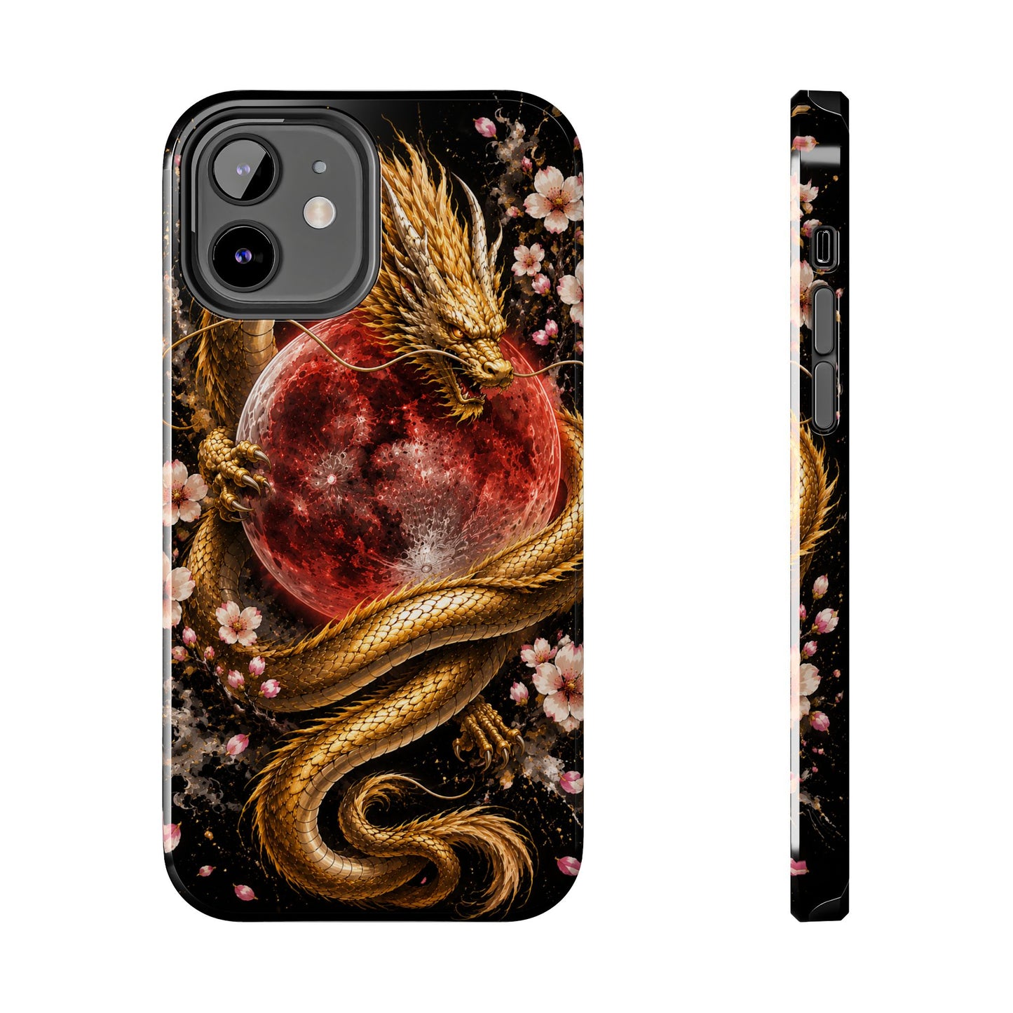 Golden Dragon Moon Tough Phone Case — Cherry Blossoms & Red Moon Protective Cover