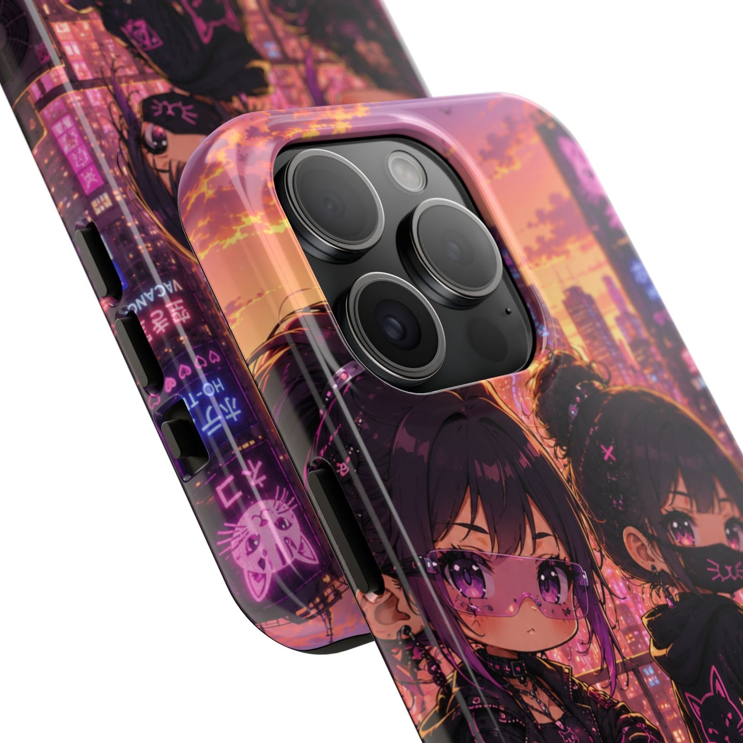 Anime City Night Tough Phone Case — Kawaii Cyberpunk Characters & Cat