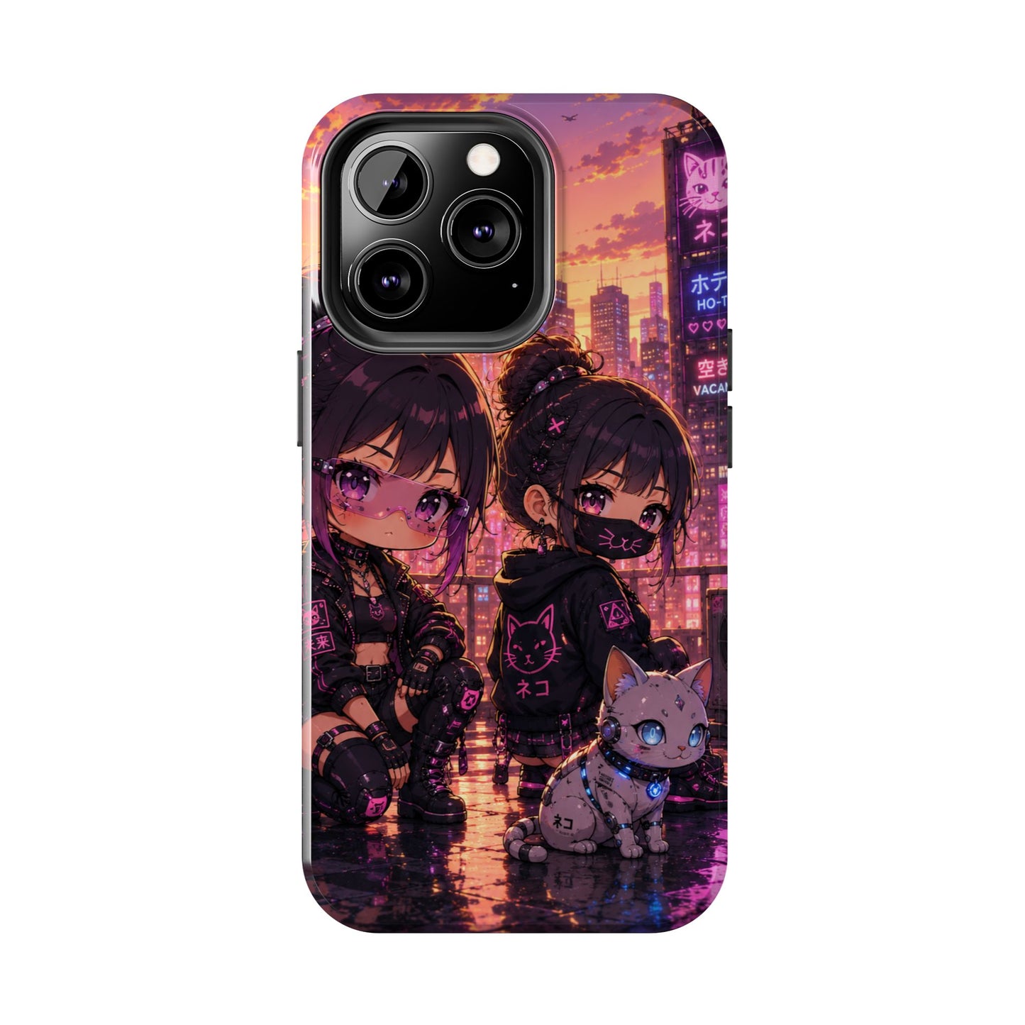 Anime City Night Tough Phone Case — Kawaii Cyberpunk Characters & Cat