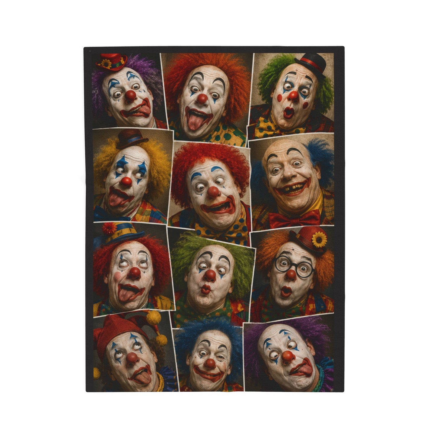 Clown Collage Velveteen Plush Blanket — Vintage Circus Faces Throw