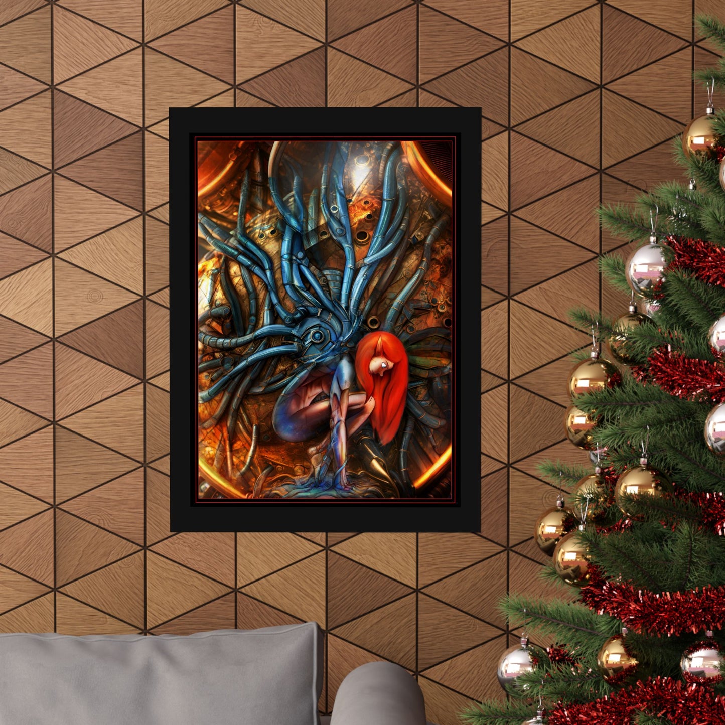 Sci‑Fi Surreal Poster — Red‑Haired Cyborg & Mechanical Kraken Matte Vertical Art