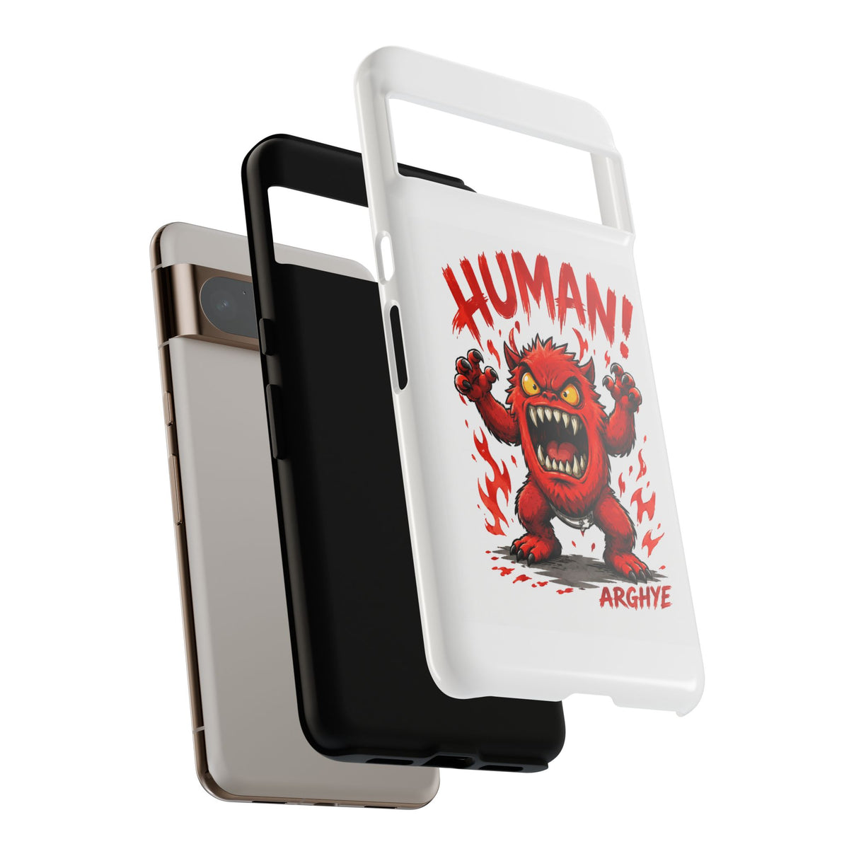 Angry Monster "HUMAN!" Phone Case — Cute Fiery Creature iPhone Cover