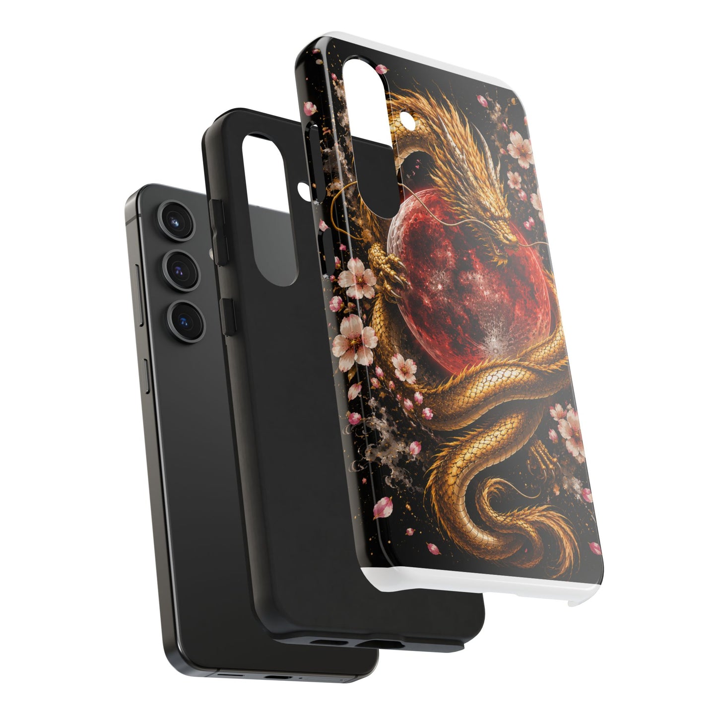 Golden Dragon Moon Tough Phone Case — Cherry Blossoms & Red Moon Protective Cover