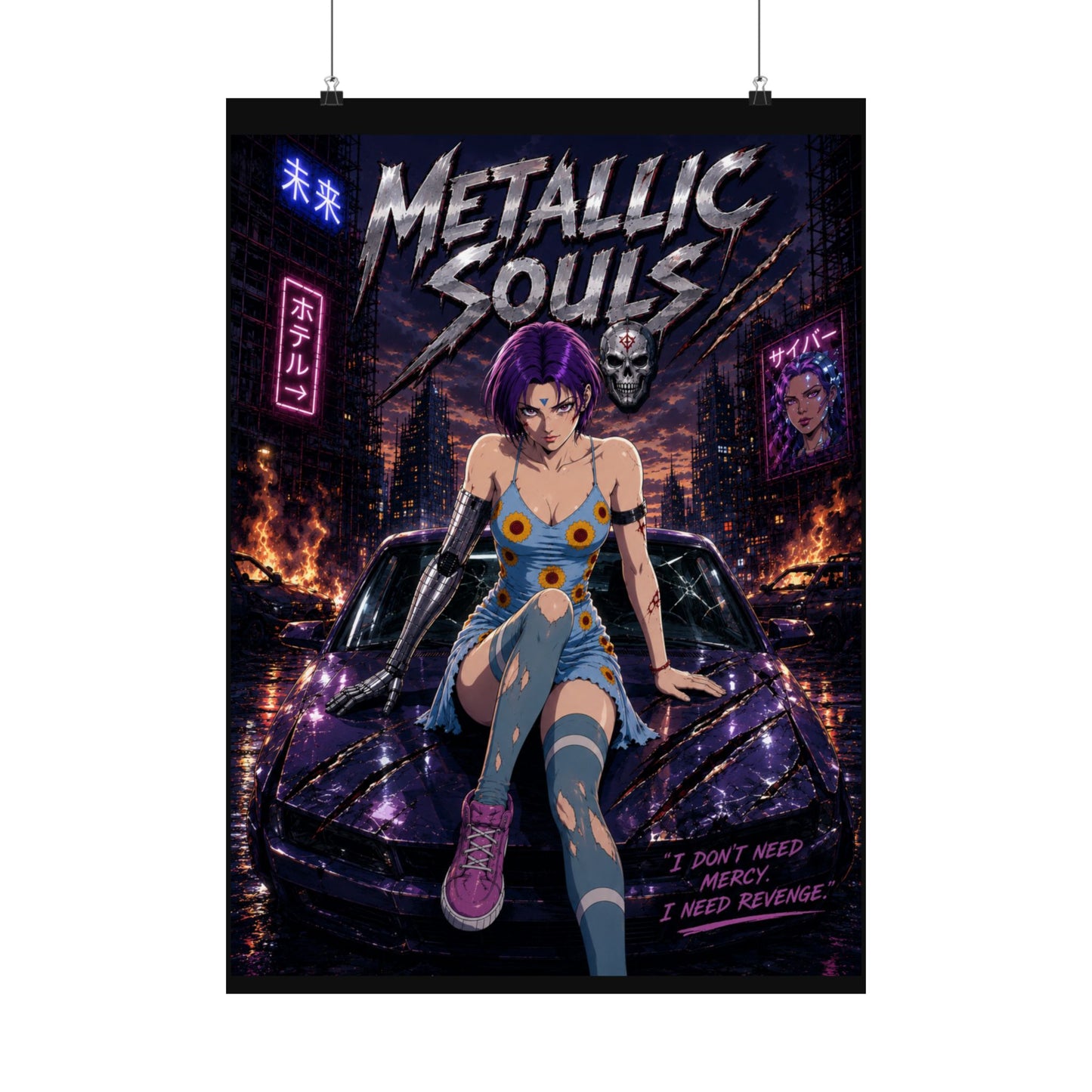 Metallic Souls Anime Poster — Cyberpunk Car Girl Matte Vertical Print