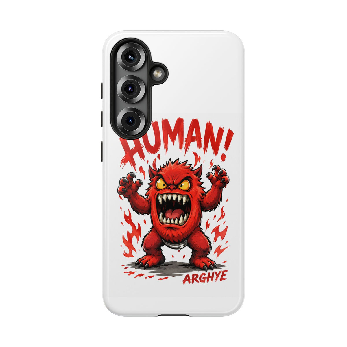 Angry Monster "HUMAN!" Phone Case — Cute Fiery Creature iPhone Cover